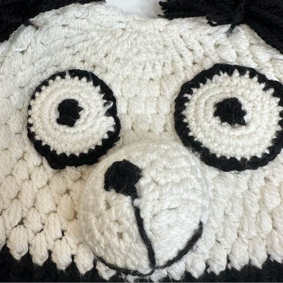 New Hand Crocheted Knit Panda Beanie Hat Black White Funky Unique Pom Pom Ears - Picture 2 of 5